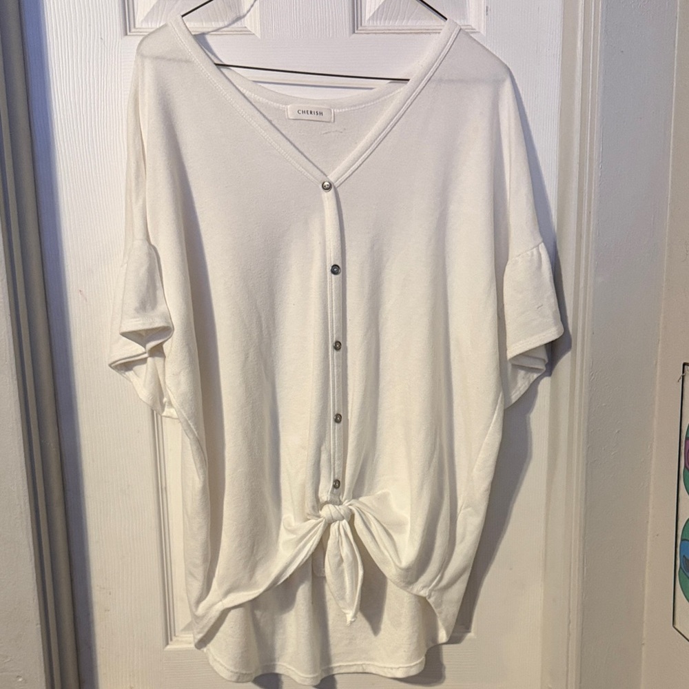 Cherish White Button-Front Tie Hem V-Neck Top